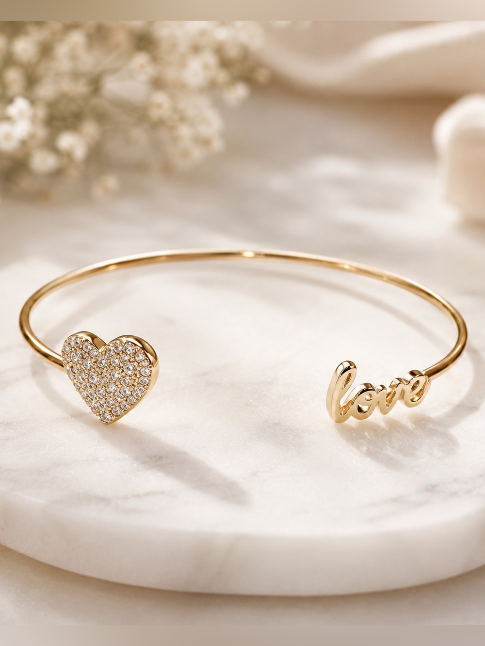 Gold Heart‎ and Love Wire Wrist Cuff Dainty Bracelet